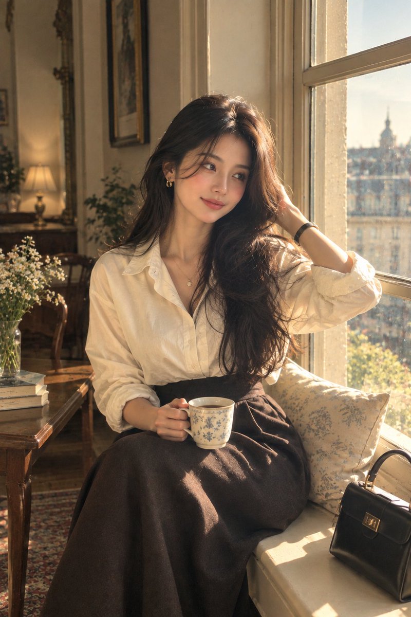 创作一张高度逼真的美学人像照:一位优雅的成年女性站在一间洒满阳光的美丽房间中一扇大型复古窗旁。她拥有一头自然飘逸的深色长发、柔和而富有表现力的双眼、真实细腻的皮肤质感、自然的面部…