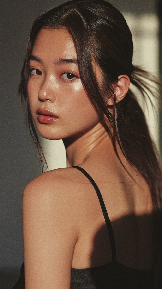 年轻东亚女性的真人电影级风格人像，留着一头稍显凌乱的长发，深棕色中透出温暖的高光，她微微回头越过左肩望向镜头，神情柔和而略带神秘。她五官精致，肤色白皙且保留自然的肌肤纹理，眼睛深…