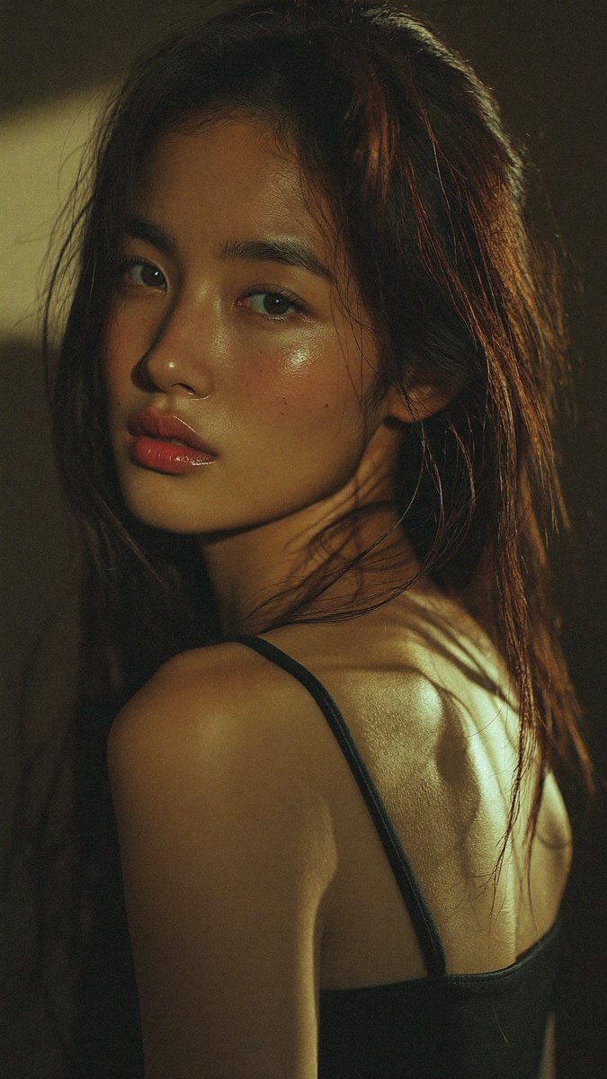 年轻东亚女性的真人电影级风格人像，留着一头稍显凌乱的长发，深棕色中透出温暖的高光，她微微回头越过左肩望向镜头，神情柔和而略带神秘。她五官精致，肤色白皙且保留自然的肌肤纹理，眼睛深…