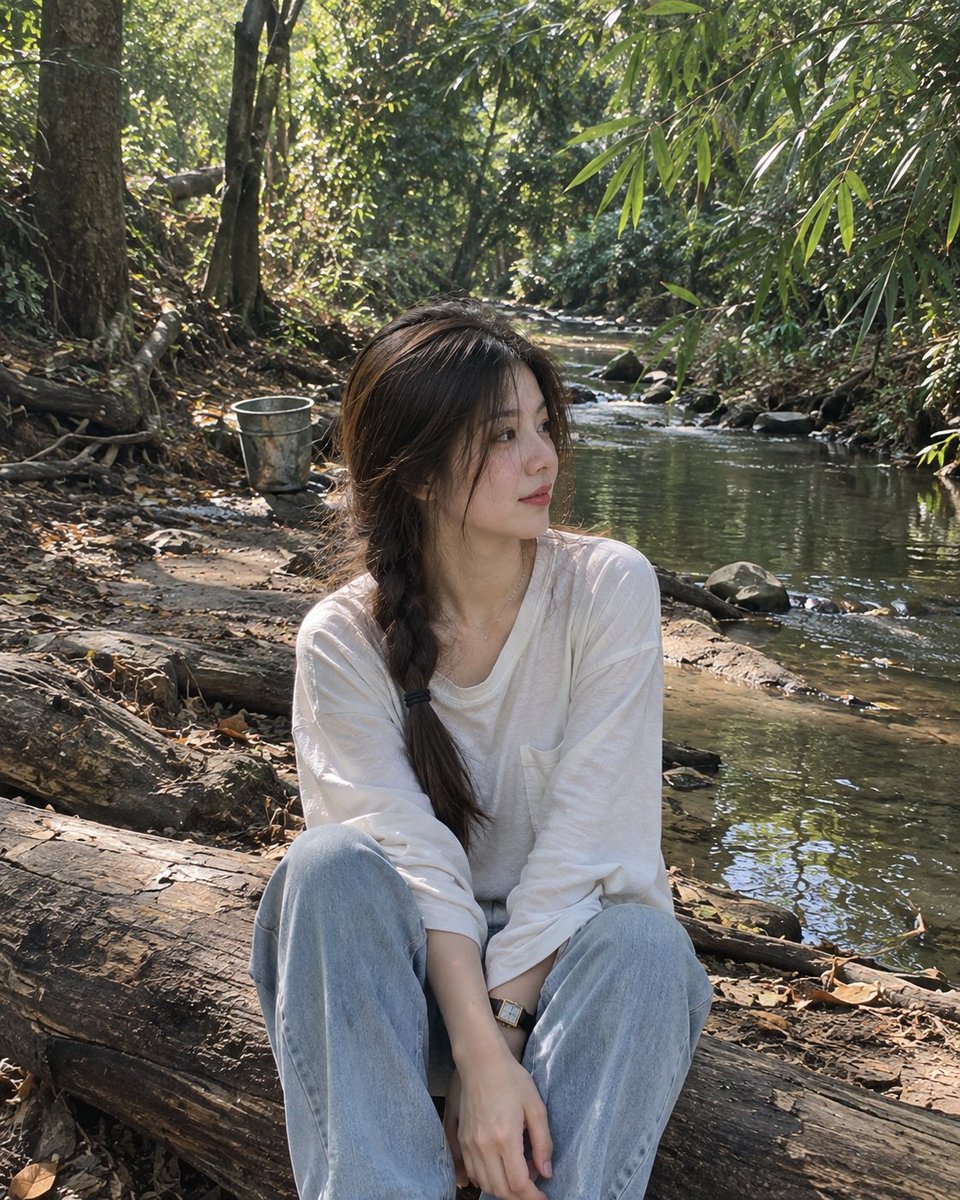 一张照片级写实的抓拍肖像：一位年轻女子安静地坐在一棵倒下的树干上，身旁是一条平静而狭窄的森林溪流。她有一头深棕色长发，编成松散的侧边麻花辫，几缕柔软的发丝自然…