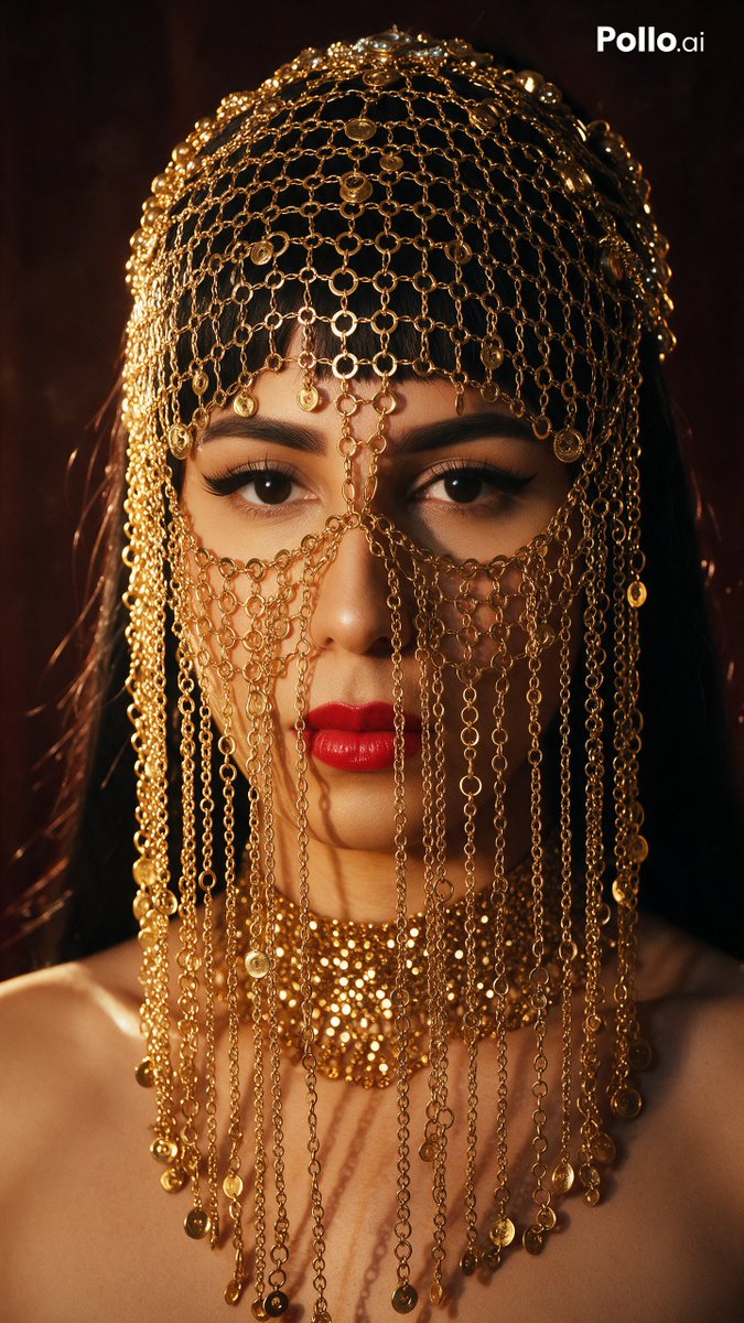 高级珠宝美妆大片,《意大利 Vogue》与 Numéro 杂志风格。亲密的近景肖像,画面中是一位成年女性,佩戴着精致的金色锁子甲面纱,由成千上万条倾泻而下的细链条、圆形古钱币链节…