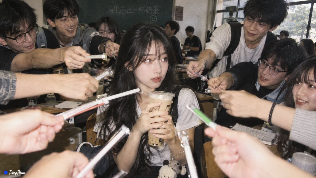 大学课室 × 班花刚拿奶茶 × 众人递吸管 × 《西西里的美丽传说》群体互动构图 × iPhone抓拍 × CCD胶片感 说明: 班花刚拿到封口奶茶,尚未插入吸管;周围同学自然地…