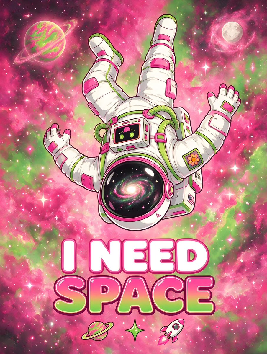 一幅卡通画描绘了一位宇航员头朝下漂浮在太空中，下方写着"I NEED SPACE"（我需要空间/我需要独处）的字样。宇航员身穿白色太空服，配以亮粉色和青柠绿的…