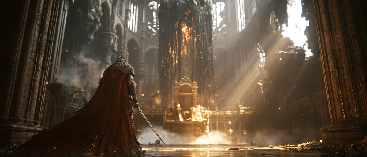 超精细 CGI，16:9，Unreal Engine 5.4。一位饱经战火的骑士，身着雕饰繁复的炭灰色铠甲，披着破旧的深红色披风，伫立在一座宏伟的、已成废墟的…