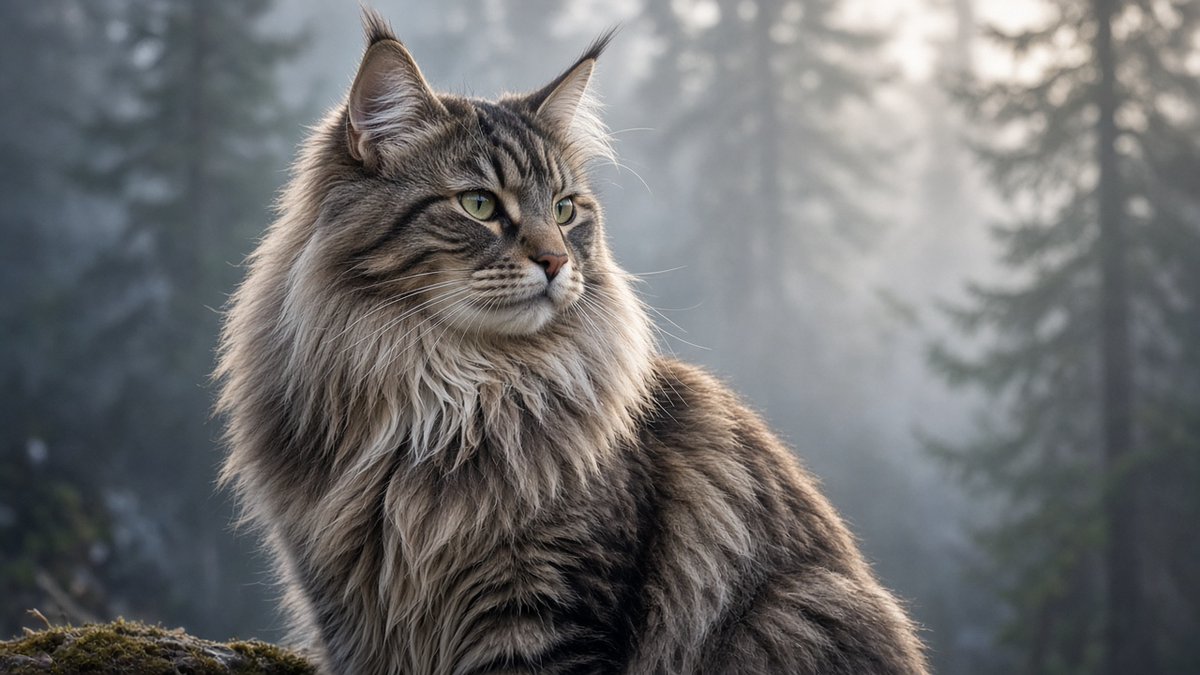 迷雾林地 挪威森林猫 提示词 威严的挪威森林猫四分之三侧面肖像，蓬松野性的颈毛，山猫耳尖，隐约可见的浓密尾巴，凉爽雾气笼罩的松林背景，柔和的电影感轮廓光，沉着…