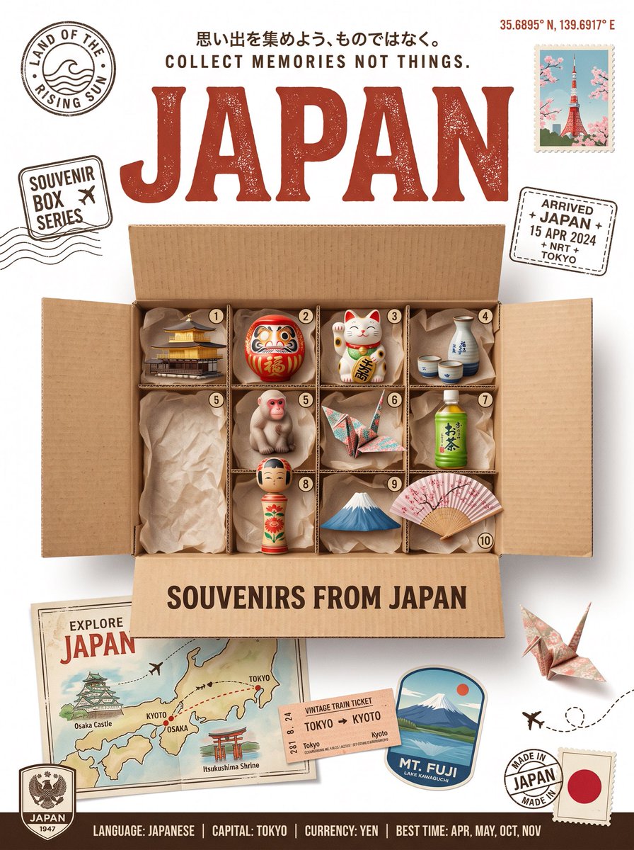 复古纪念品盒版面布局。 [海报系列 - 第 4 部分] 提示词： { "style_name": "Vintage Souvenir Box Travel Poster", "p…