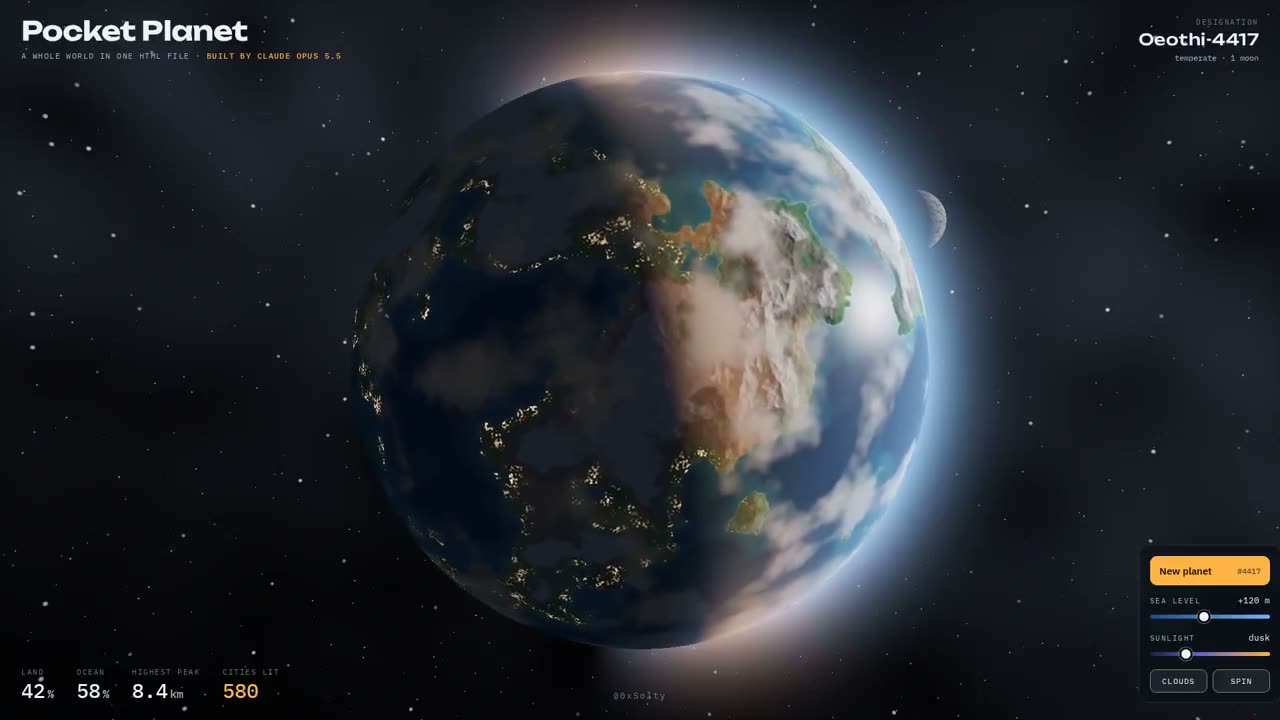 我让 opus 5.5 给我造了一颗行星。 不是一张行星的图片。是整颗行星。 它写了一个单一的 html 文件。没有库，没有图片，没有 3D 模型。每一片海洋…