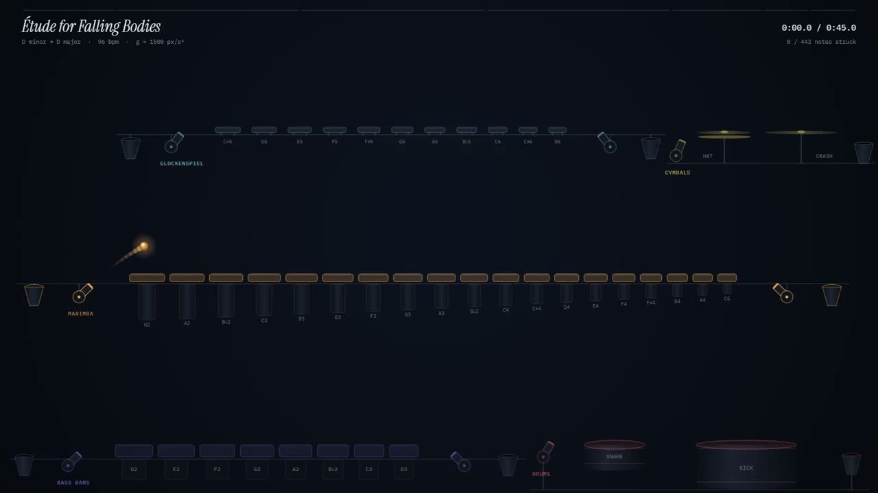 建造一台45秒的机器，演奏一段原创乐曲，其中每一个音符都来自一次可见的碰撞。