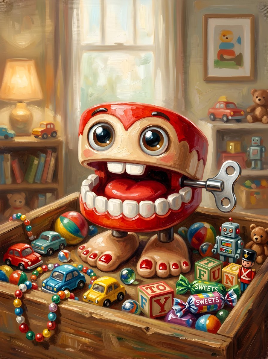 一幅特写、平视视角的镜头，采用奇趣的油画风格Q版（chibi）绘画，主体是位于画面中央、格外醒目的一个夸张可爱的上弦滑稽牙齿玩具，侧面伸出一把银色钥匙。玩具拥…