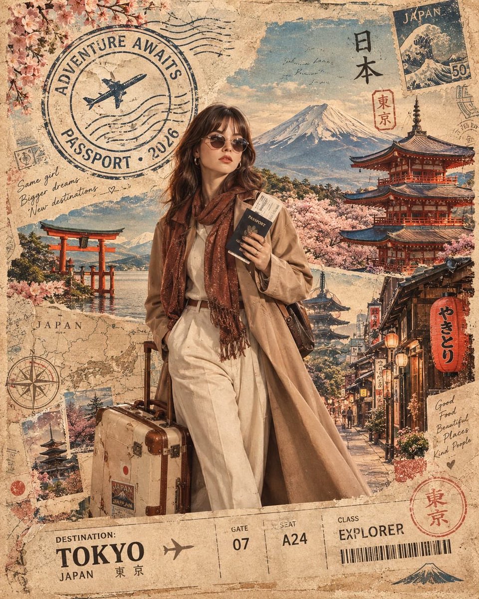 创作一幅高级电影感的旅行编辑风格人像，灵感来自复古护照印章、机票和奢华目的地明信片。 以参考图像中的人物作为主角，准确保留其面部身份、面部特征、肤色、发型和自…