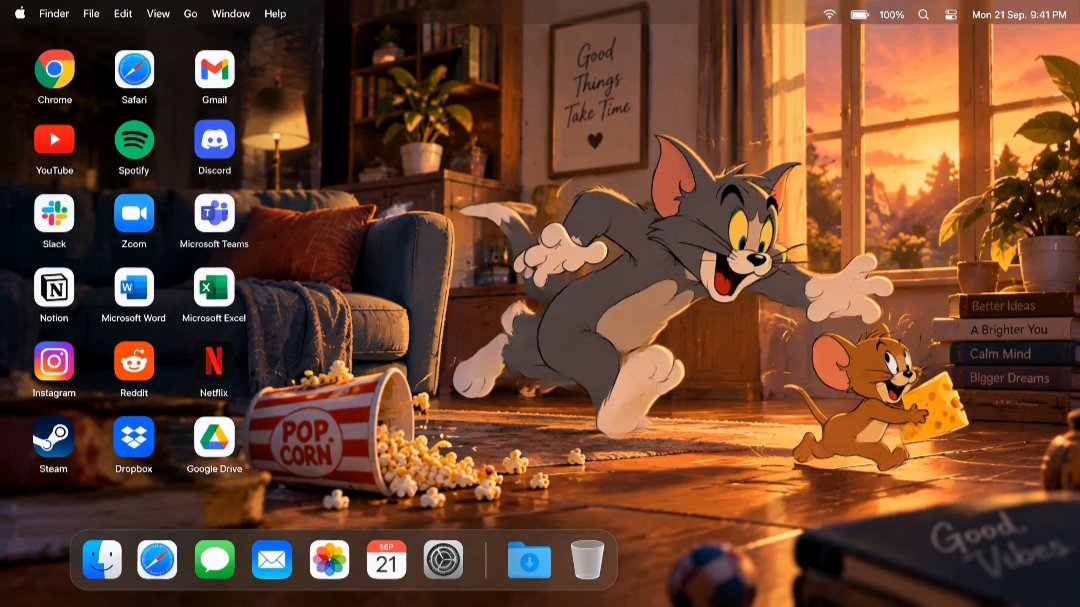 (GPT IMAGE 2.5) "以 Tom and Jerry 为主角，创建一个高端 16:9 桌面截图。 构建一个原创的电影级卡通客厅环境，呈现日落氛围…