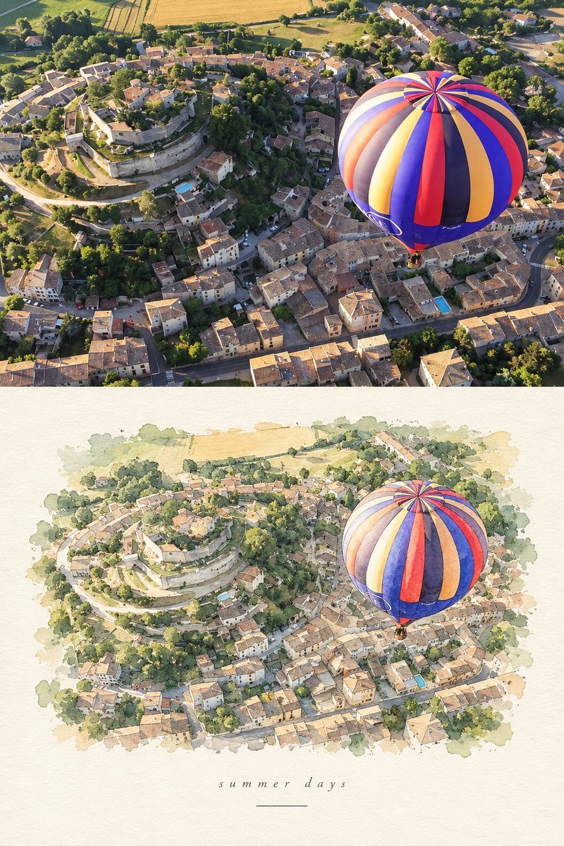 基于一张参考照片，创作一幅精致的编辑级旅行艺术构图。该画面在垂直方向上分为两个部分：上部是一张真实的电影感旅行摄影照片，下部则将完全相同的场景转化为一幅细腻的手绘水彩插画。 上部…