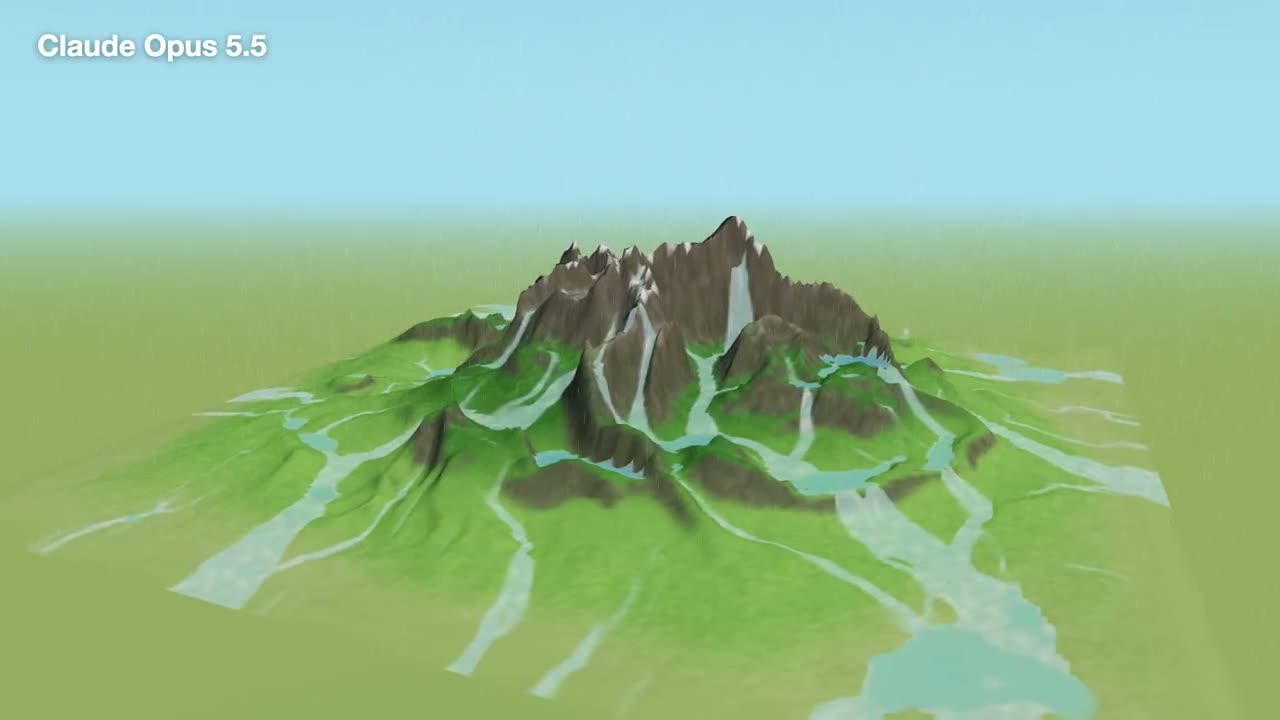 Claude Opus 5.5 在我们的 AI 编程基准测试上：从一个空仓库构建一个完全自主的 3D 水模拟系统 —— 程序化生成的山脉、降雨、溪流、湖泊。T…