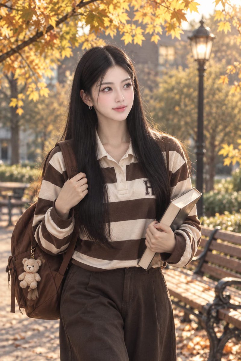 在美丽的秋季公园里创作一张照片写实风格的年轻女性图像，使用提供的参考面部，保持相同的五官特征和自然的表情。保持她长长的、直发的、中分的黑色头发自然飘逸。她穿着…