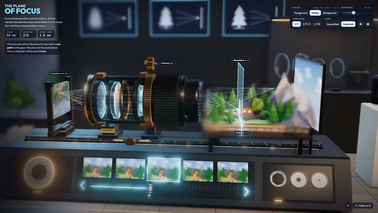 一句提示。一个可交互的相机实验室。🎥🔥 Claude Opus 5.5 生成一个 3D 体验，你可以调节对焦环、移动镜头组件、改变焦平面，并实时查看景深效果…