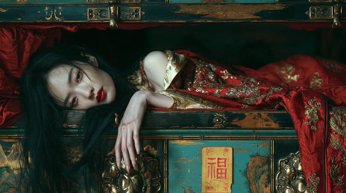 电影级超写实中国哥特超自然肖像，16:9，85mm 浅景深，胶片颗粒，低调照明，聚焦于眼睛。一位令人难忘的美丽年轻东亚女幽灵斜倚在一具奢华的传统中国漆木棺材中，深黑绿与柔和的绿松…