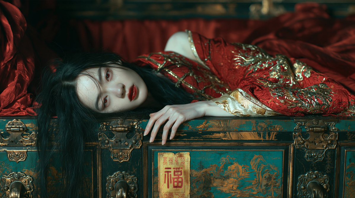 电影级超写实中国哥特超自然肖像，16:9，85mm 浅景深，胶片颗粒，低调照明，聚焦于眼睛。一位令人难忘的美丽年轻东亚女幽灵斜倚在一具奢华的传统中国漆木棺材中，深黑绿与柔和的绿松…