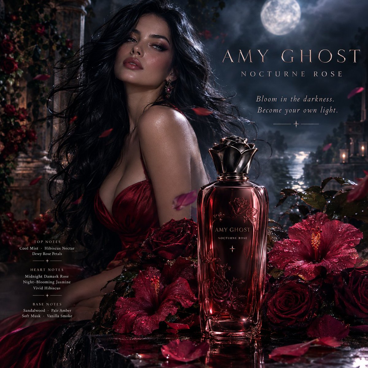 我让AI把Amy Ghost —— Nocturne Rose（夜曲玫瑰）—— 赋予生命。🌹🌙 一款诞生于午夜玫瑰、木槿花、蜕变、神秘，以及那位在黑暗中发现自…