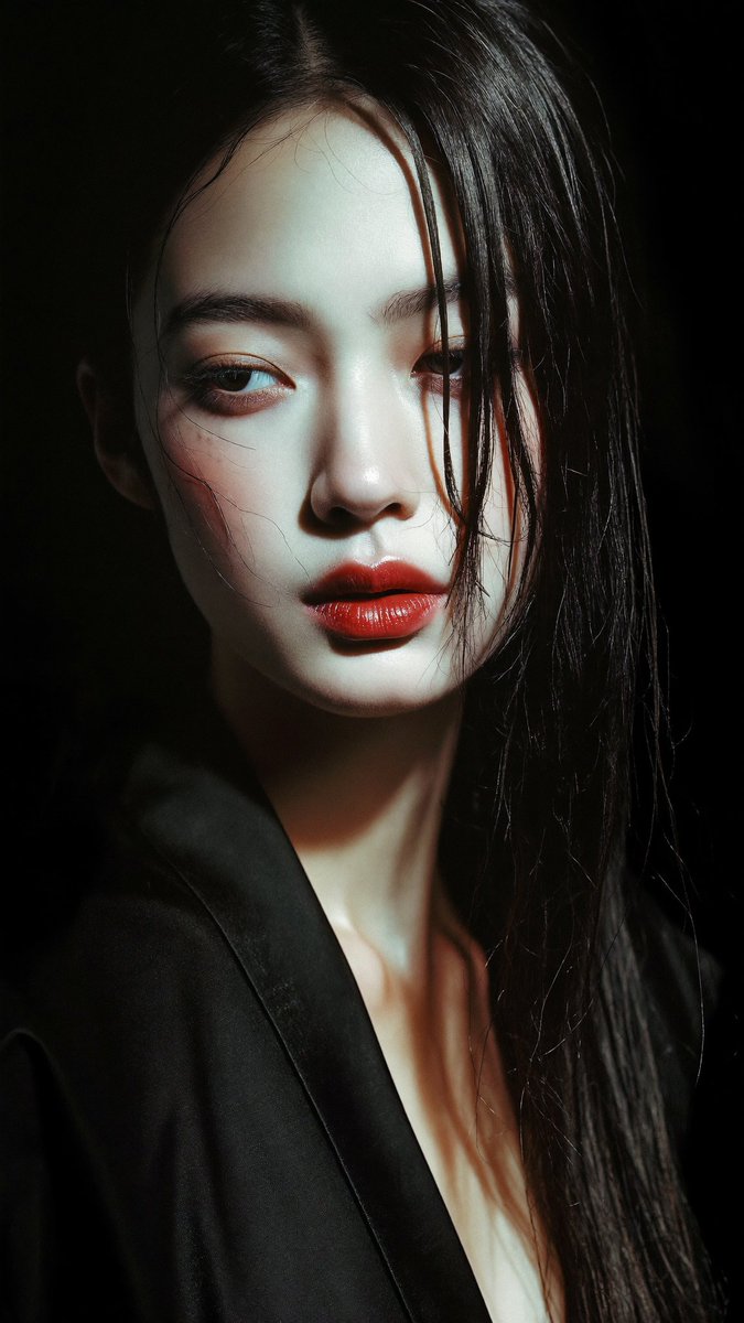 [Higgsfield Soul 2.0 提示词] ar 9:16 2K 一位美丽年轻东亚女性的特写肖像,长直黑发,有松散的发丝吹过她的脸部并遮住一只眼睛,白皙的瓷器般肌肤,锋利…