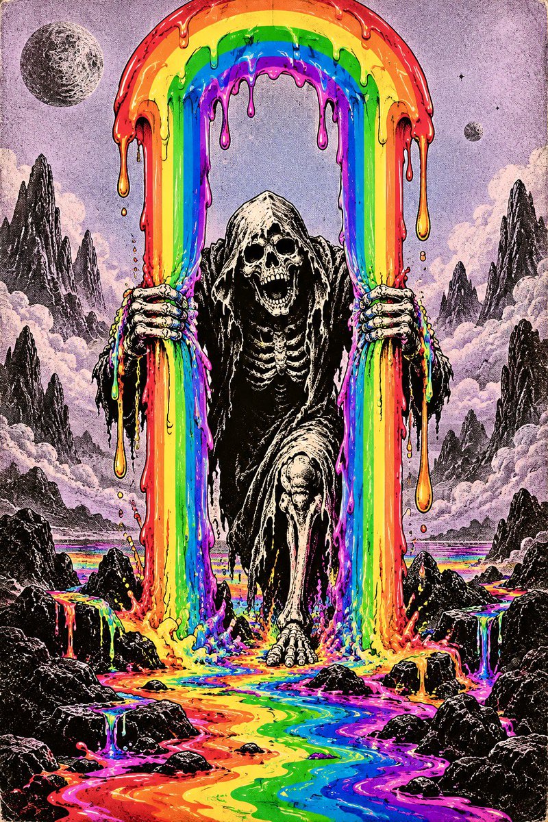 一幅超现实迷幻海报插画,一个骷髅死神身影从高大的彩虹拱门中浮现,双手握住两道垂直流淌的彩色液体,仿佛扯开的帘幕。骷髅头与身体以鲜明的黑白对比呈现,配以浓重的墨色阴影与粗粝的点状颗…