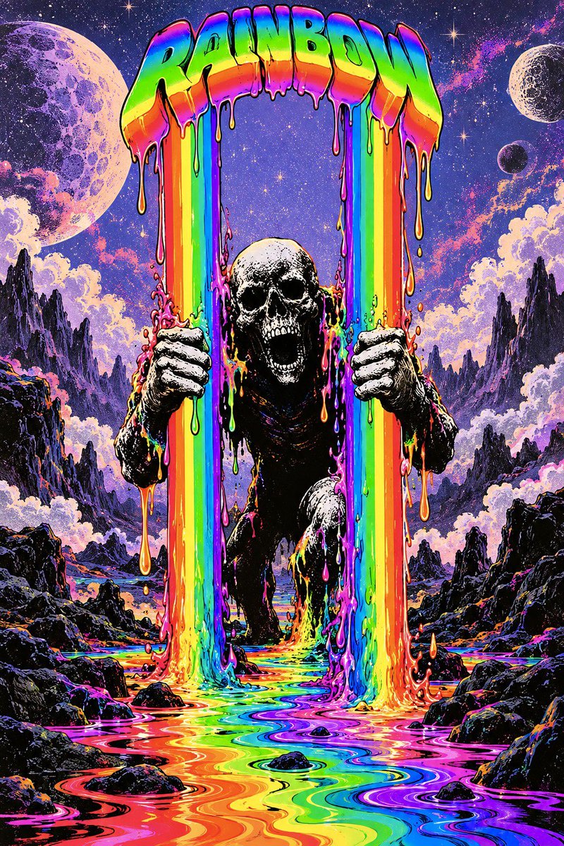 一幅超现实迷幻海报插画,一个骷髅死神身影从高大的彩虹拱门中浮现,双手握住两道垂直流淌的彩色液体,仿佛扯开的帘幕。骷髅头与身体以鲜明的黑白对比呈现,配以浓重的墨色阴影与粗粝的点状颗…