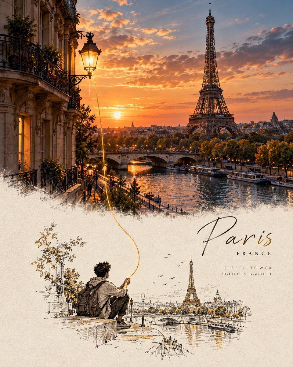 基于[地标 / 城市 / 国家],创作一幅精致的概念旅行艺术海报,灵感来自于一张真实照片无缝过渡为细腻手绘插画的视觉叙事方式。 顶部区域 —— 真实摄影照片…
