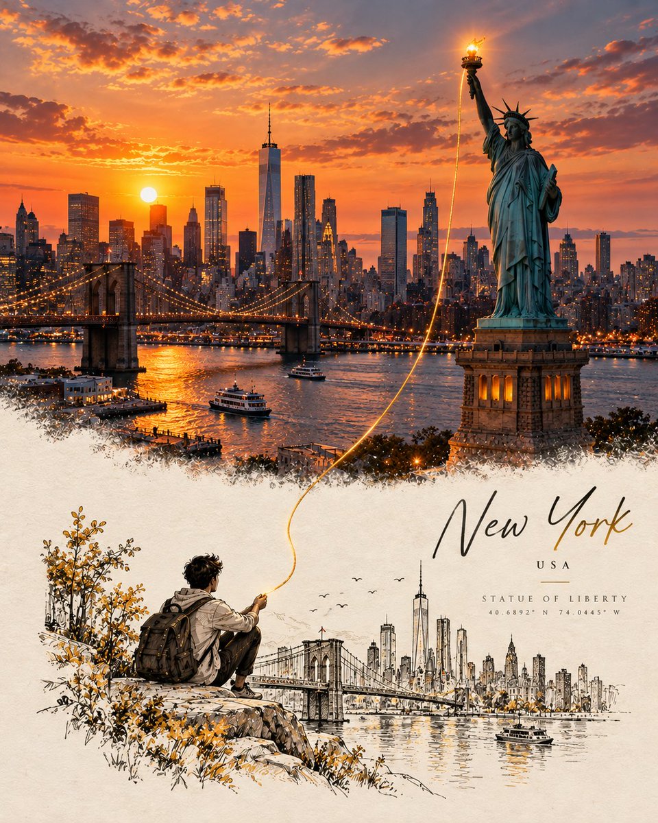 基于[地标 / 城市 / 国家],创作一幅精致的概念旅行艺术海报,灵感来自于一张真实照片无缝过渡为细腻手绘插画的视觉叙事方式。 顶部区域 —— 真实摄影照片: 展示一张令人叹为观…