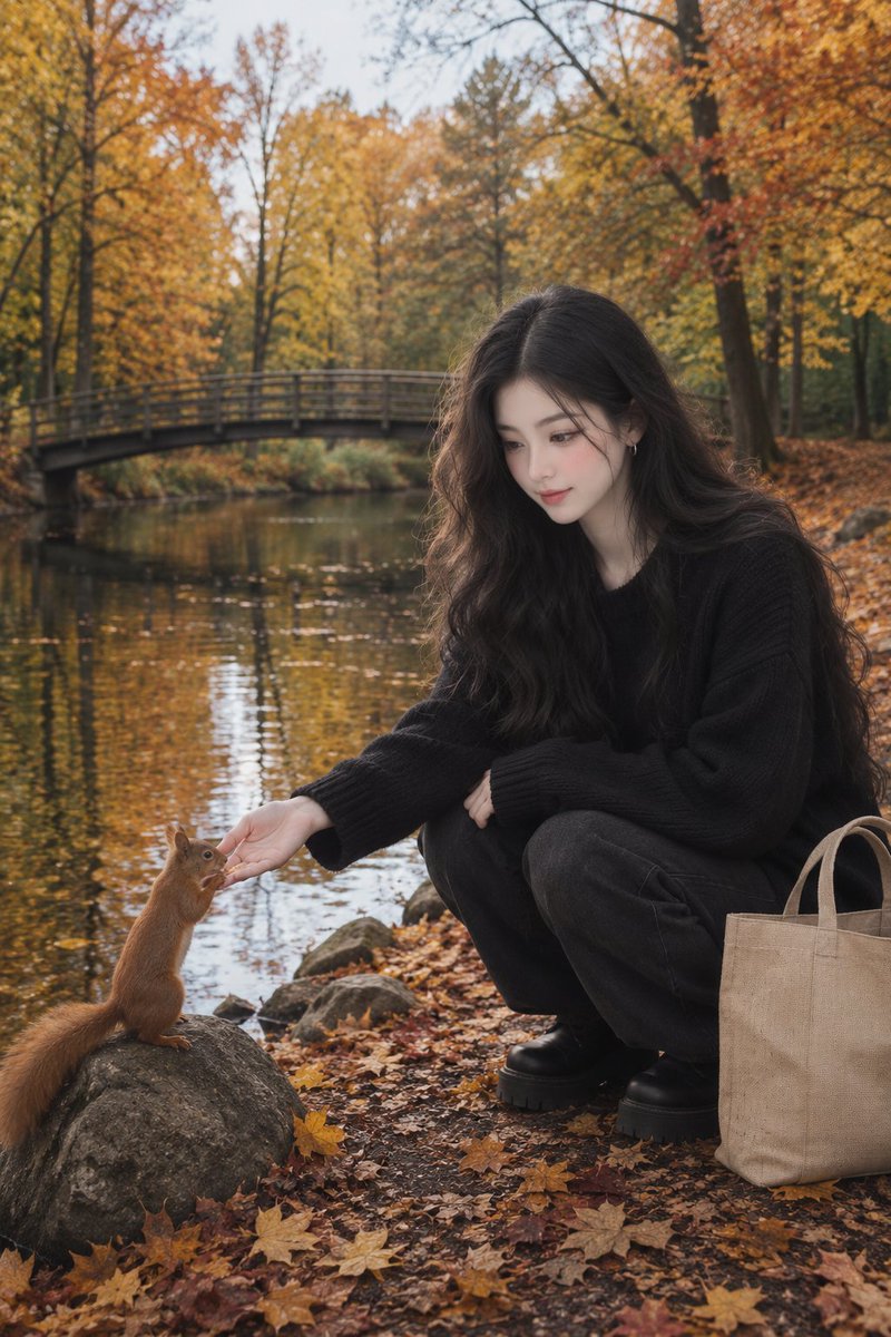 创作一张高度逼真、写实风格的秋季湖边人像肖像，画中是来自面部参考图像的同一位女孩，保留她确切的面部特征、脸型、眼睛、鼻子、嘴唇、肤色和自然表情。让她保留参考图…