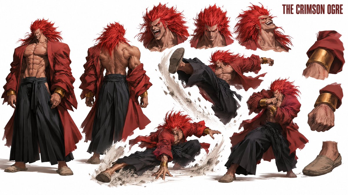 Crimson Ogre（深红鬼）： 在纯白实心背景上，以 16:9 宽屏布局创建一份高端、有机的画室级「角色概念设计表」。黑色 / 实心背景。 — 附所参考…