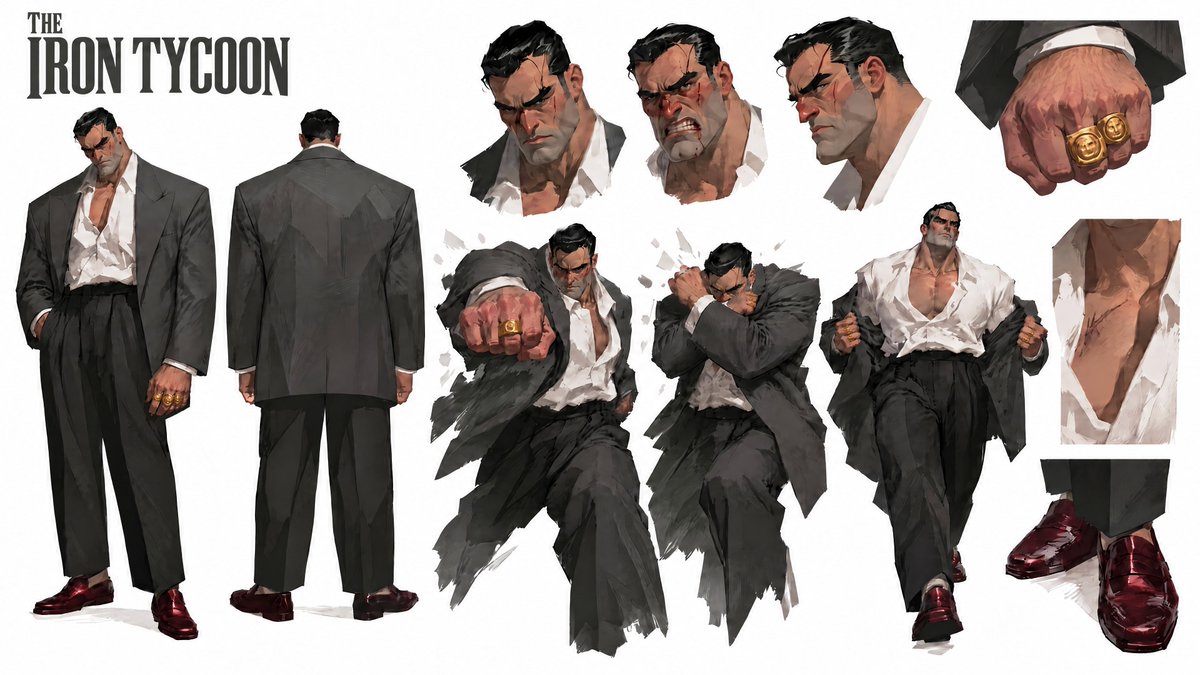 Crimson Ogre（深红鬼）： 在纯白实心背景上，以 16:9 宽屏布局创建一份高端、有机的画室级「角色概念设计表」。黑色 / 实心背景。 — 附所参考图像定义画风 — 请…