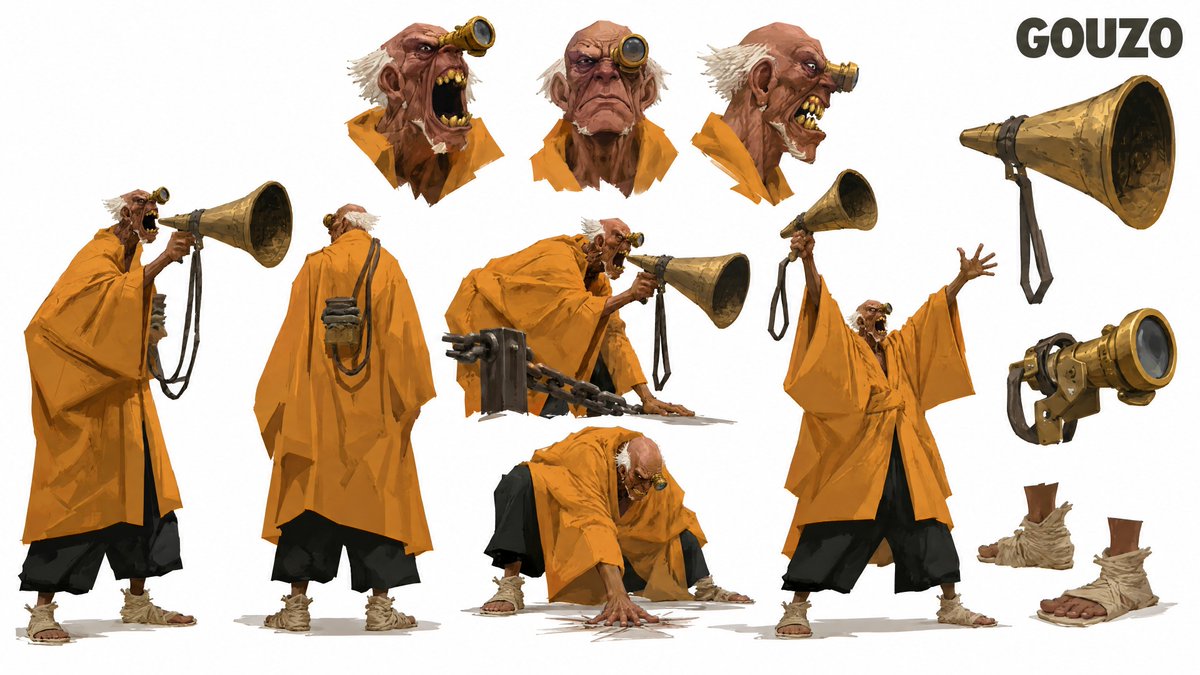 Crimson Ogre（深红鬼）： 在纯白实心背景上，以 16:9 宽屏布局创建一份高端、有机的画室级「角色概念设计表」。黑色 / 实心背景。 — 附所参考图像定义画风 — 请…