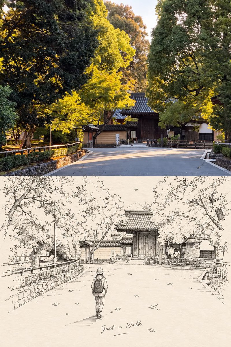 照片 × 线稿 | 实景延伸旅行海报 将上传的照片转化为一张“照片 × 线稿 | 实景延伸旅行海报”。 画布必须采用竖向 2:3 的长宽比,水平分割为两个完全相等的 50/50…