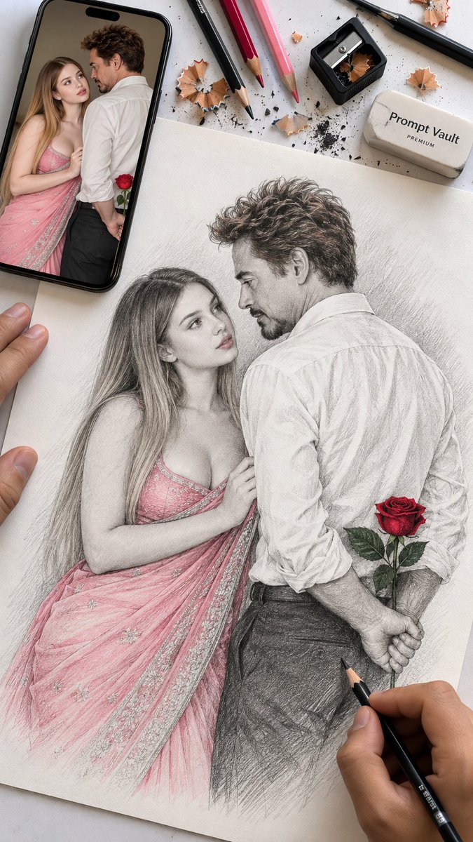 有些爱情故事是用文字写成的……而我们的，是用铅笔勾勒的。❤️✏️🌹#铅笔素描 #AI艺术 Gpt Image 2.5 Prompt ⤵️ 俯视视角的照片级真实…