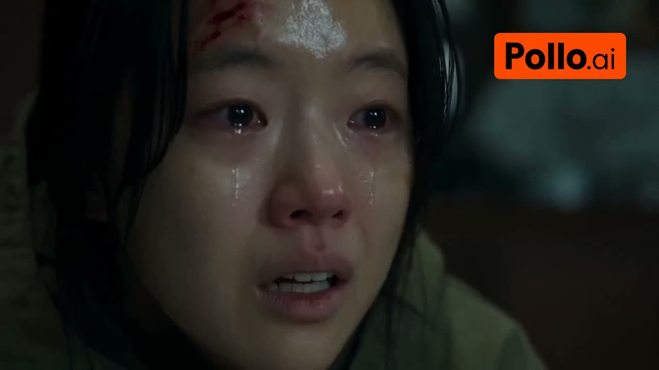 制作一个16:9短片,写实韩式电影风格的丧尸恐怖场景,设定在一间废弃农舍的厨房内。一位来自韩国的女性幸存者跪在地板上,头发凌乱乌黑,额头有干涸血迹,身穿一件脏…