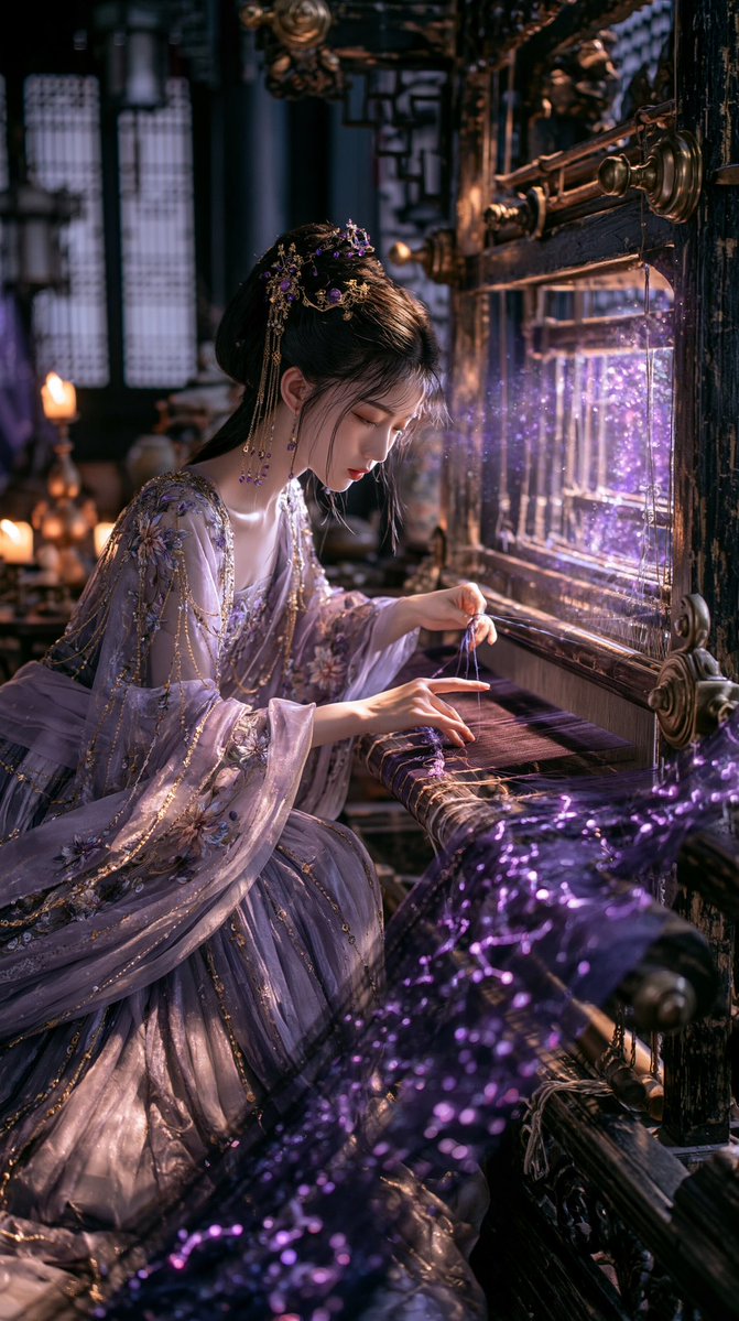 电影奇幻肖像，9:16 竖版。美丽的东亚年轻女子在古老的中国木质织布机上编织魔法丝绸。她坐在画面偏左的位置，身体前倾，精致椭圆脸庞，肤色白皙，乌黑秀发盘成部分…