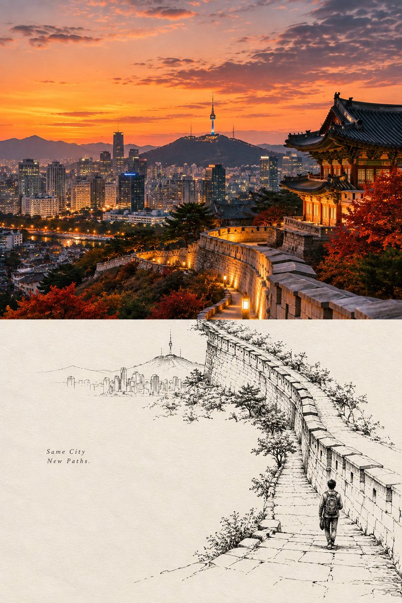 创建一张高端 2:3 纵向“摄影 × 线描”旅行编辑海报，主题为 [COUNTRY / LOCATION / SUBJECT]。 纯文生图（TEXT-TO-IMAGE ONLY）…