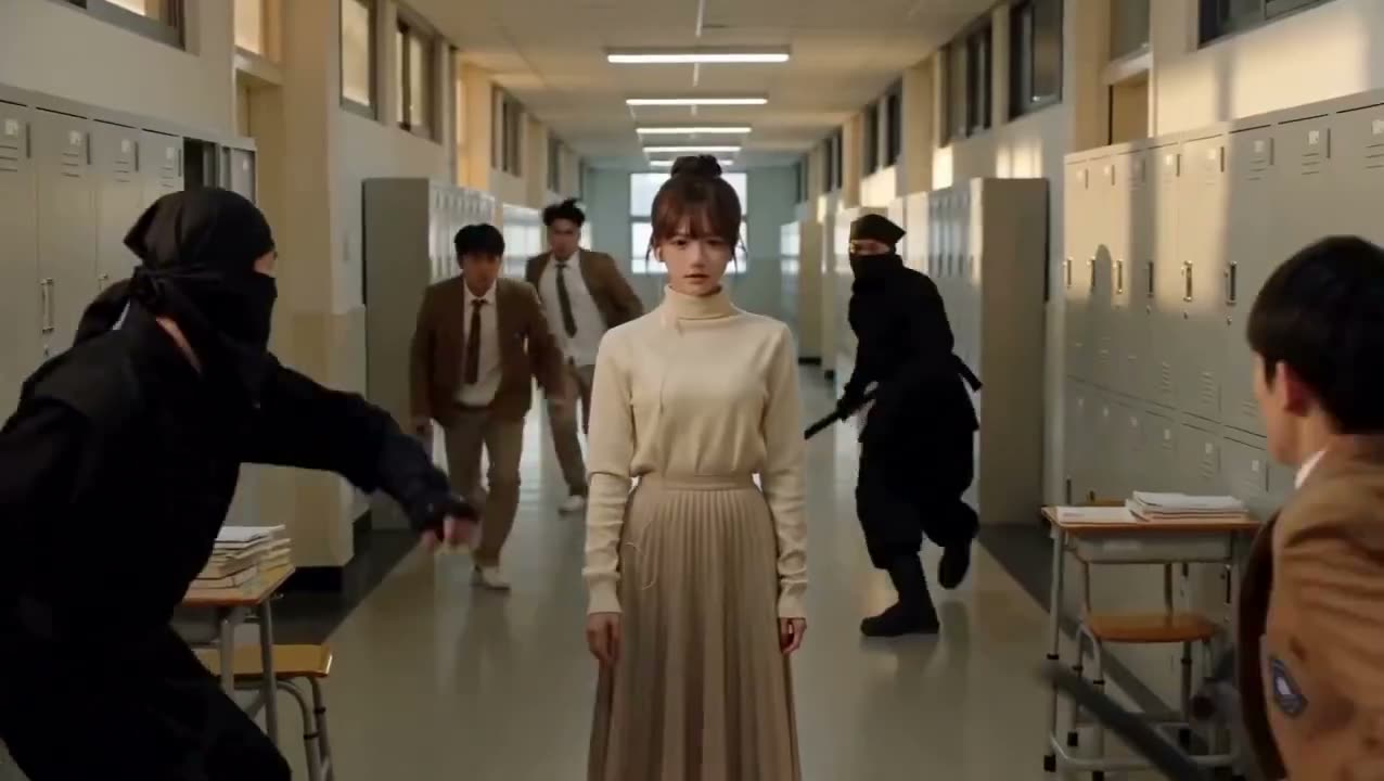 一位美丽的韩国女孩在一段逼真的现代学校走廊中平静地行走，身穿柔和的米色高领毛衣与优雅的百褶裙，棕色头发整齐地盘成发髻，自然的刘海修饰着脸庞。走廊充满电影感的纵…