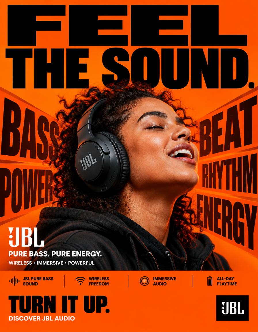 JBL — “FEEL THE SOUND.”（感受声音） 格式： 4:5 纵向超商业 JBL 耳机系列活动海报,超高分辨率 8K,全球户外广告(OOH)+…