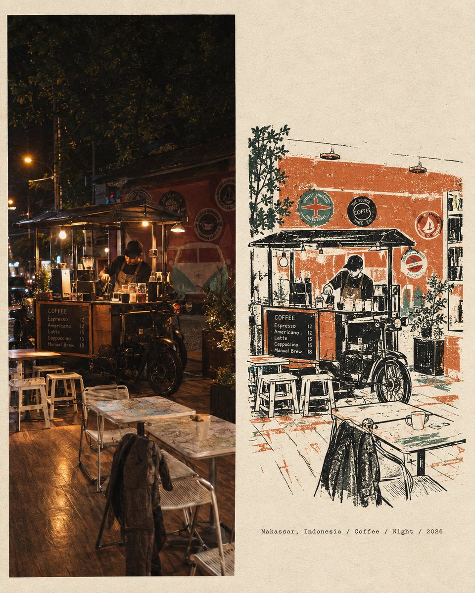 基于参考图像，创作一组具有整体感的编辑级旅行日志双联画：左侧为一张纪实风格的抓拍照片，呈现夜间印尼望加锡（Makassar）一家小型独立咖啡馆的场景，画面中有…