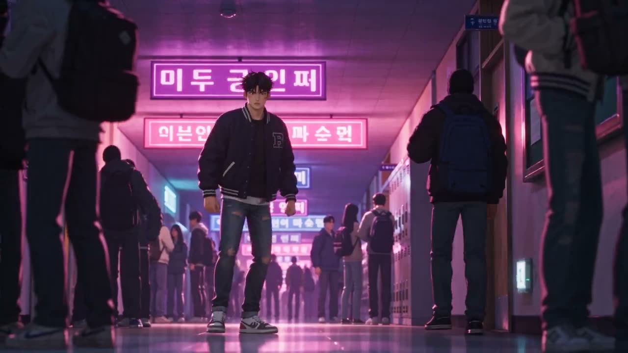 “电影感赛璐璐着色 3D 动漫,半写实 CGI,30 秒韩国动作场面。设定在夜间学生节期间的现代韩国大学校园内。霓虹韩文招牌、阶梯教室、储物柜、楼梯、便利店、…