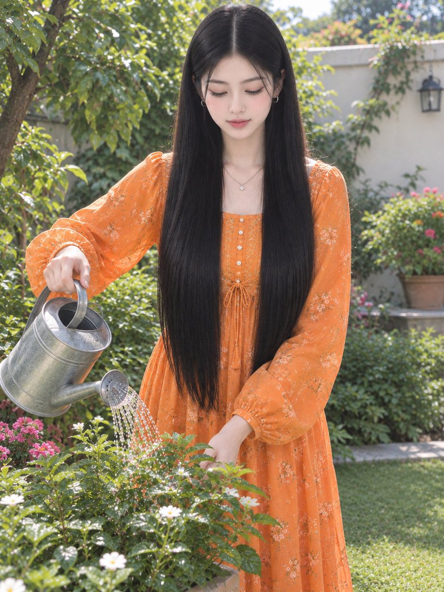 使用所提供的参考图像，创作一张高度逼真的户外花园肖像，要求女孩的脸部、五官、肤色、长直黑发以及整体外观与参考图完全一致。保持她的面部自然且不做改动，具备真实的皮肤质感和精致的面部…