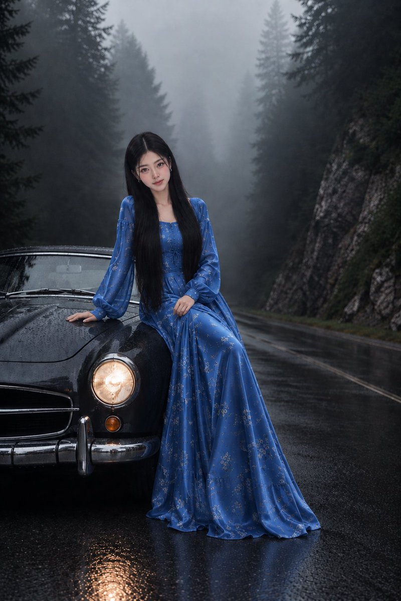 画面中,一位韩国女孩坐在雾气弥漫的山区公路上一辆经典复古黑色轿车的引擎盖上,姿态优雅。她有一头乌黑顺直的长发,面容精致自然,肌肤白皙,眼神柔和而富有表现力,神情平静温柔,直视镜头…
