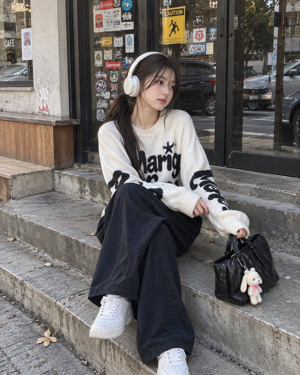一幅照片般逼真的抓拍街风格肖像：一位年轻女子随意地坐在一家小型都市店铺外的混凝土地台阶上。她留着深色长发，扎成低马尾，脸颊两侧有几缕松散修饰脸型的发丝；妆容自…