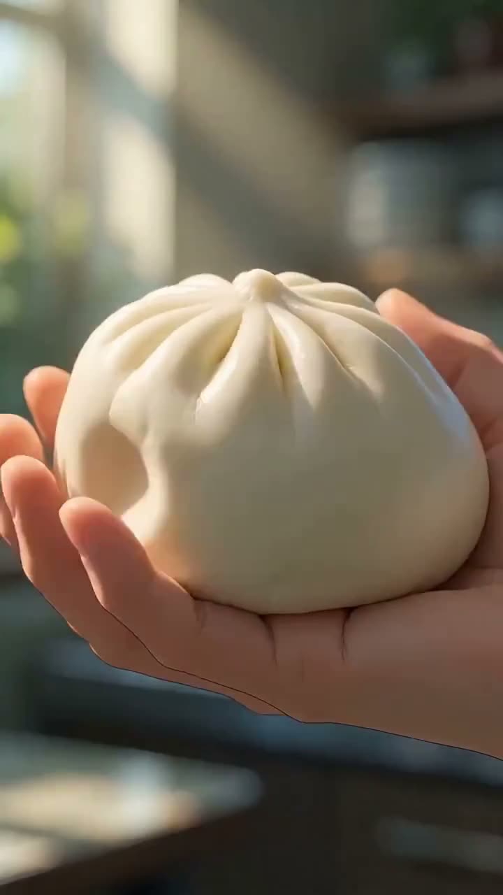 制作一段电影感、超写实的美食制作视频，展示传统蒸包子的制作过程。开场呈现一个刚刚成型、洁白的面团包子，在温暖的自然光下被轻柔托举，随后揭开其松软蓬松的内馅，露…