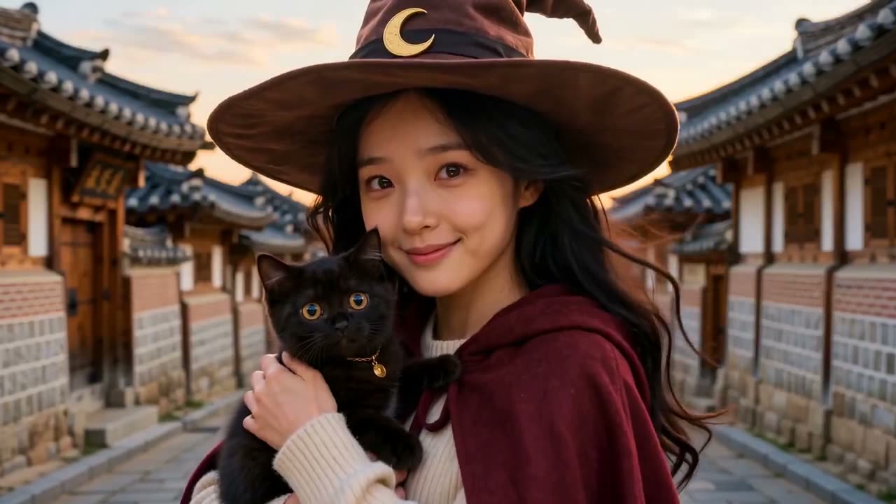 电影级魔幻现实主义短片，30秒，照片级真实质感但略带梦幻感，首尔黄昏至夜晚的金蓝时刻。 一位美丽的东亚年轻女子，黑色长发飘逸，戴着宽檐棕色巫师帽，帽上有金色小…