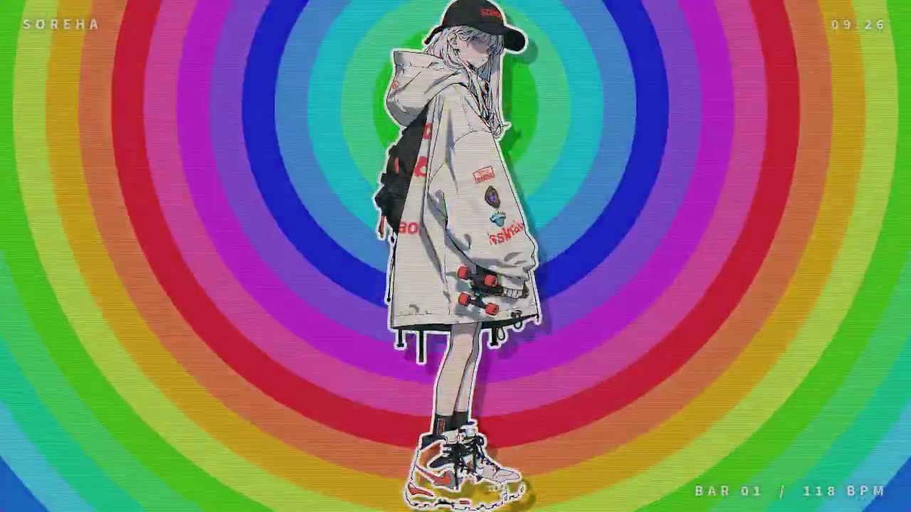 请使用附带的音乐和角色图片，制作一支"迷幻故障风格"的动画 MV。 【制作方法】 使用 HTML Canvas 编写动画，用 Playwright 逐帧截图…