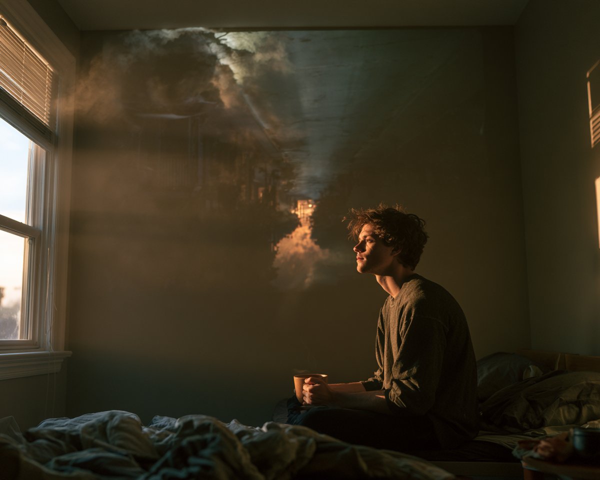 超现实的针孔摄影照片，小卧室里刚日出，窗外街道的倒置颠倒投影在墙壁和天花板上微微发光，一个年轻成年男子坐在床边的边缘，头发凌乱，静静地捧着一个温暖的马克杯，柔…