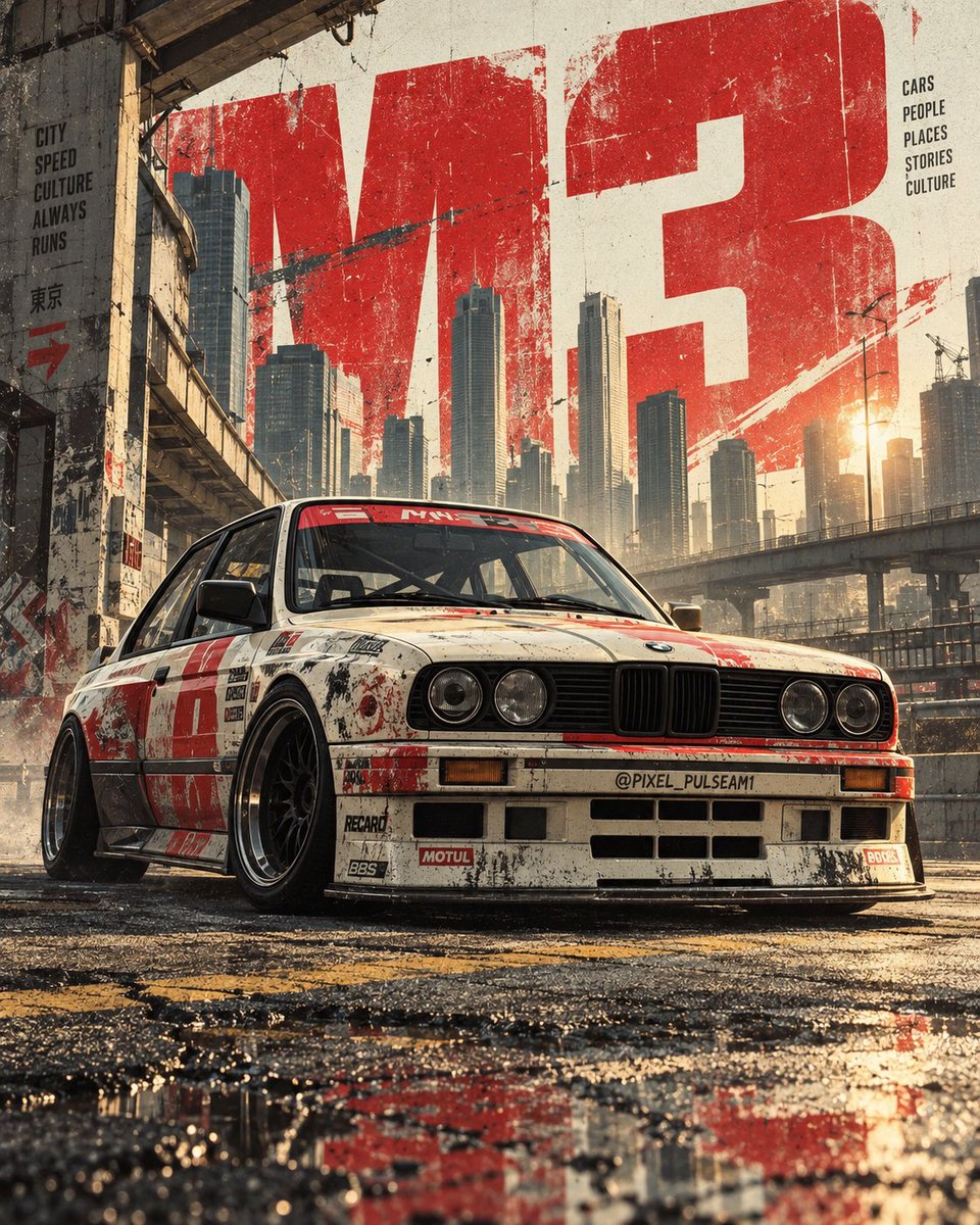 创作一张高端电影感汽车编辑海报,以一辆经典的1980年代 BMW E30 赛车作为主体。视觉风格融合地下街头赛车文化、做旧复古赛车图形、粗野主义都市设计以及实…