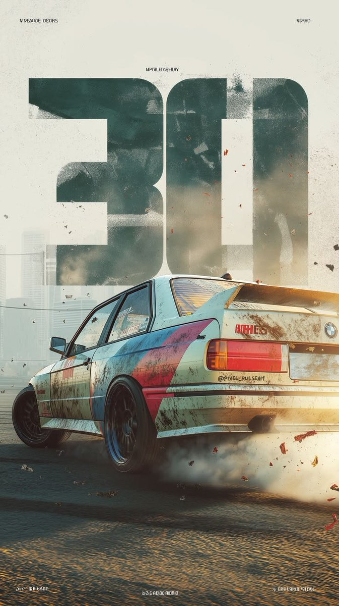 创作一张高端电影感汽车编辑海报,以一辆经典的1980年代 BMW E30 赛车作为主体。视觉风格融合地下街头赛车文化、做旧复古赛车图形、粗野主义都市设计以及实验性当代杂志艺术…