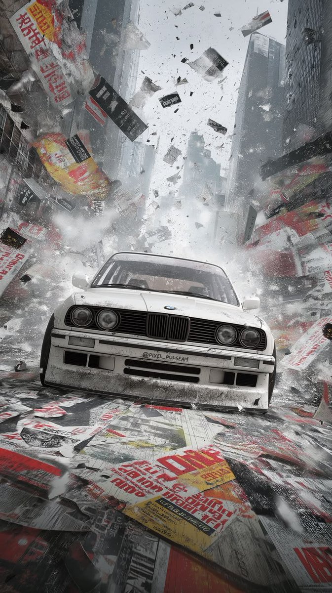 创作一张高端电影感汽车编辑海报,以一辆经典的1980年代 BMW E30 赛车作为主体。视觉风格融合地下街头赛车文化、做旧复古赛车图形、粗野主义都市设计以及实验性当代杂志艺术…